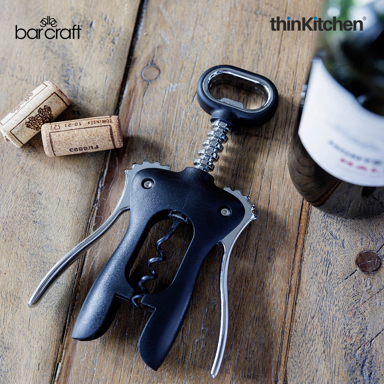 BarCraft Premium Winged Corkscrew, Heavy-Duty Zinc Alloy Wine Bottle Opener with Non-Stick Spiral, Dishwasher Safe Wine Accessories, Barware Tool - Black and Silver - 1