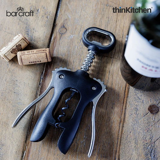 BarCraft Premium Winged Corkscrew, Heavy-Duty Zinc Alloy Wine Bottle Opener with Non-Stick Spiral, Dishwasher Safe Wine Accessories, Barware Tool - Black and Silver