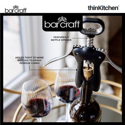 BarCraft Premium Winged Corkscrew, Heavy-Duty Zinc Alloy Wine Bottle Opener with Non-Stick Spiral, Dishwasher Safe Wine Accessories, Barware Tool - Black and Silver