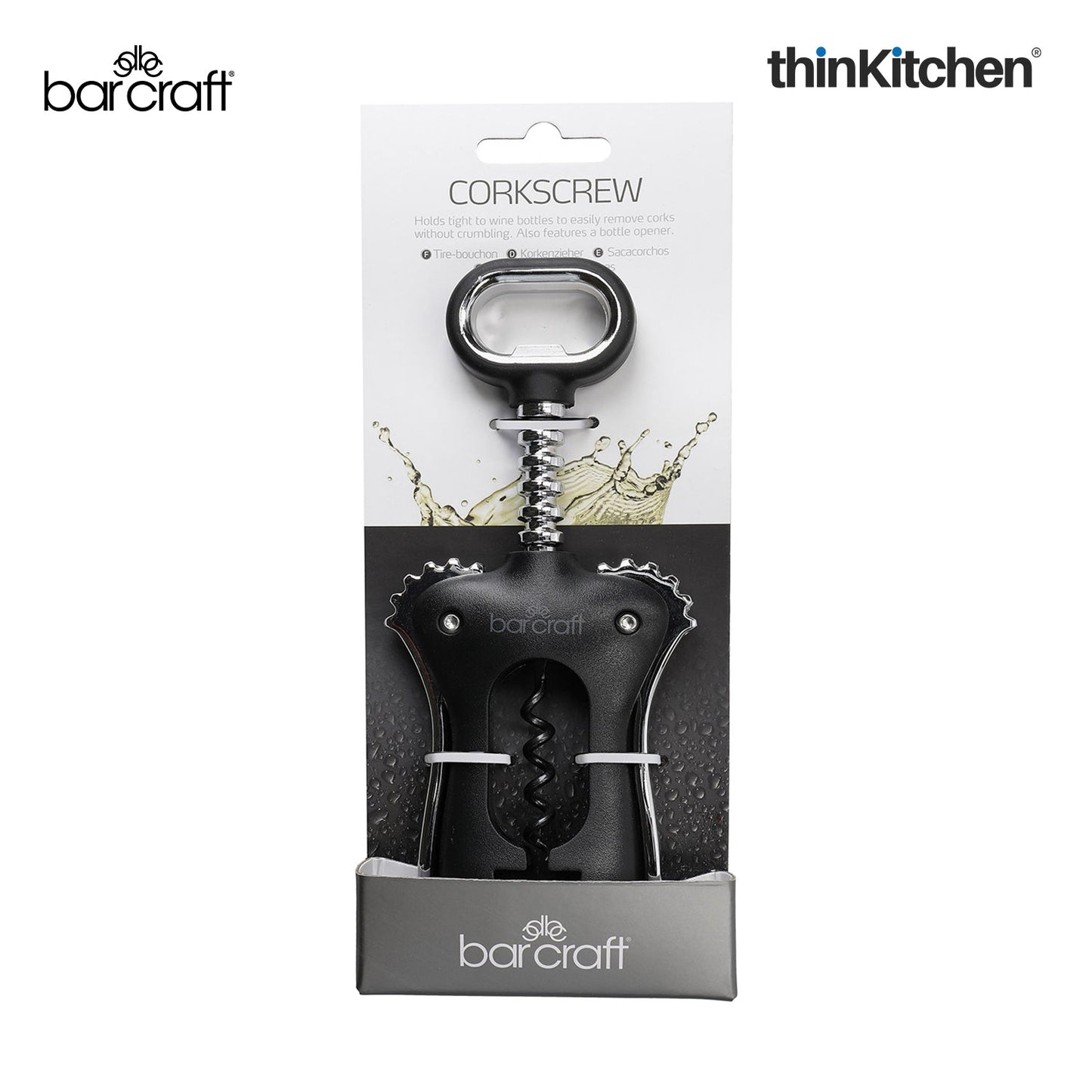 BarCraft Premium Winged Corkscrew, Heavy-Duty Zinc Alloy Wine Bottle Opener with Non-Stick Spiral, Dishwasher Safe Wine Accessories, Barware Tool - Black and Silver