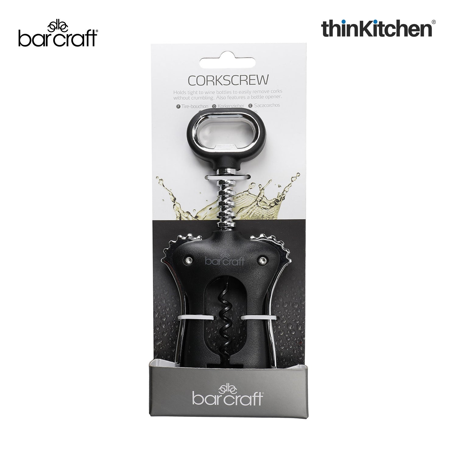 BarCraft Premium Winged Corkscrew, Heavy-Duty Zinc Alloy Wine Bottle Opener with Non-Stick Spiral, Dishwasher Safe Wine Accessories, Barware Tool - Black and Silver - 6
