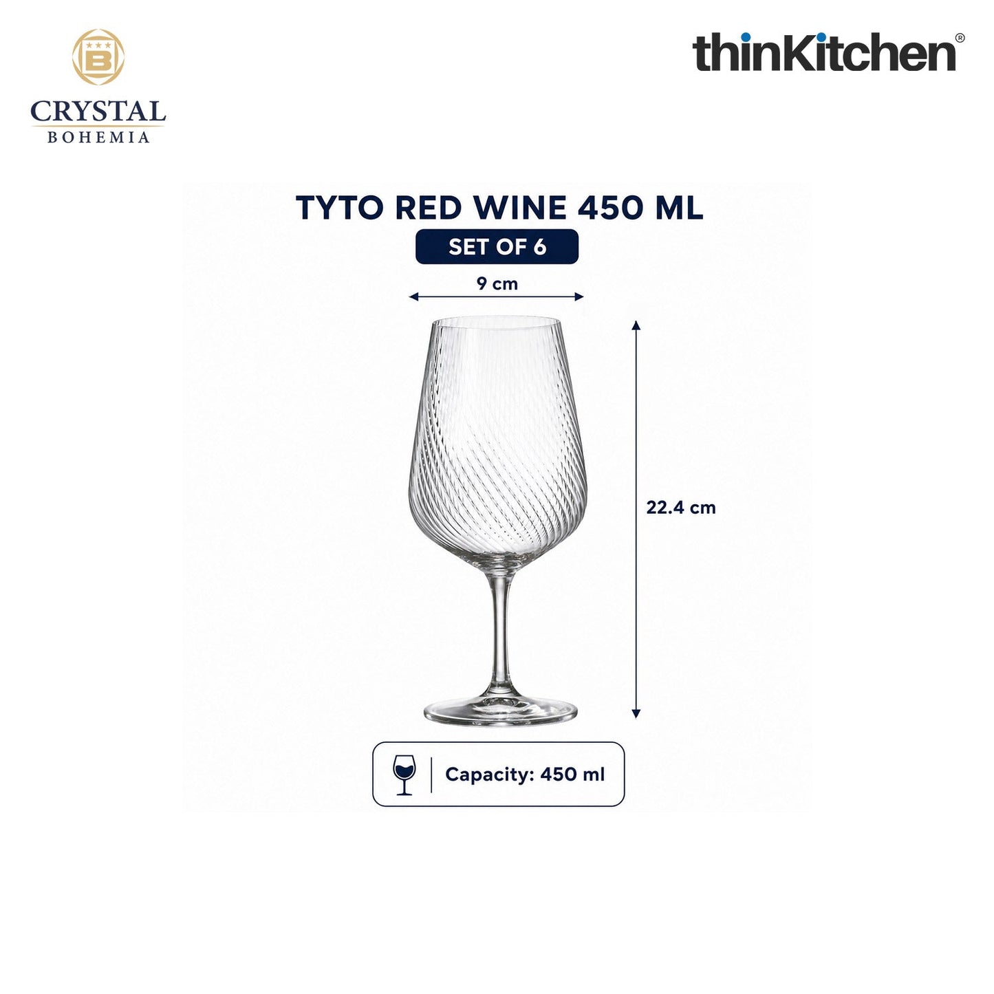 Premium Red Wine Glasses Set of 6, 450ml, TYTO, Lead Free Stemware for Shiraz, Merlot, Wine, Drinks, Cocktails, Mocktails
