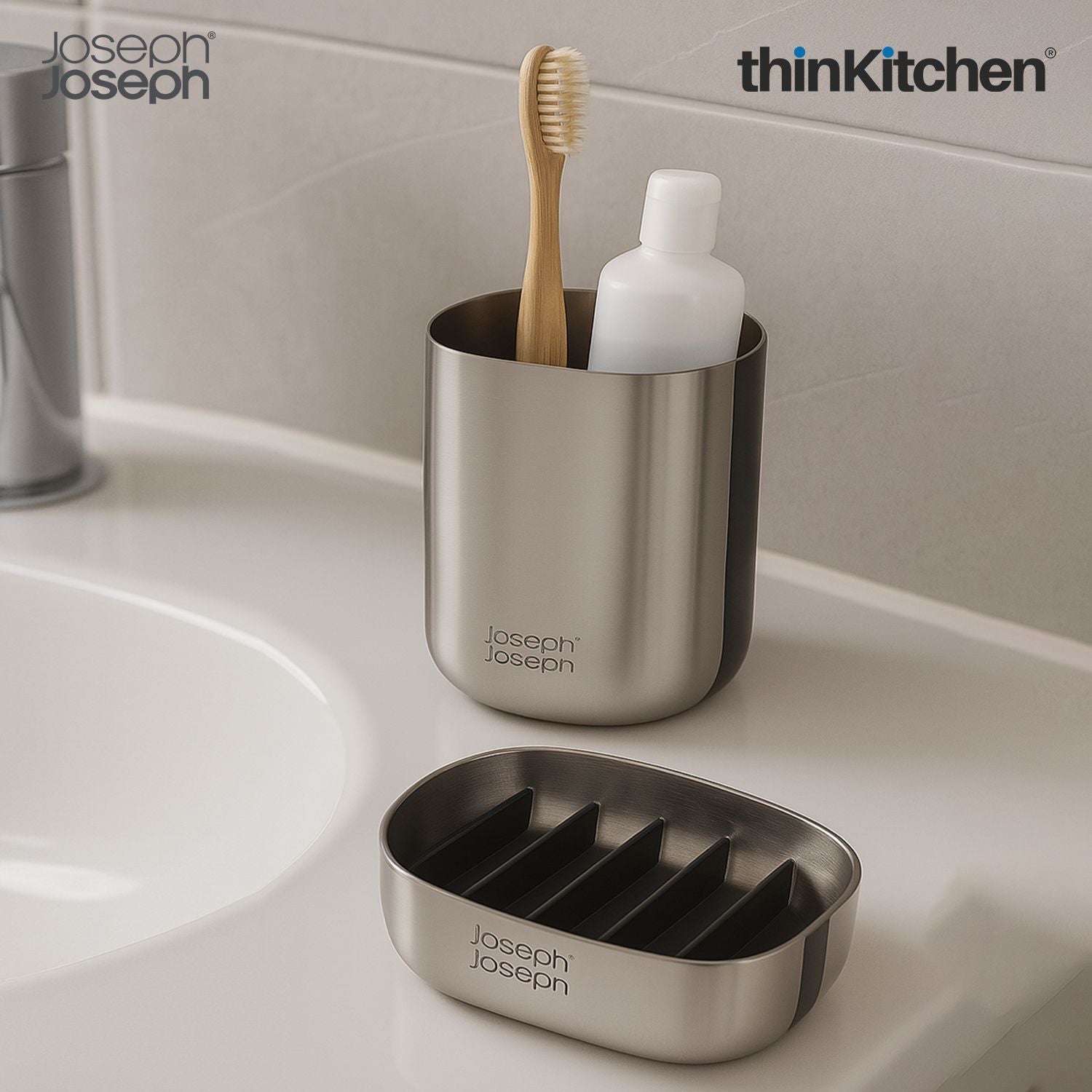 Joseph Joseph EasyStore Luxe Quick-drain Stainless-steel: Soap Dish x Toothbrush Caddy Combo set - 1