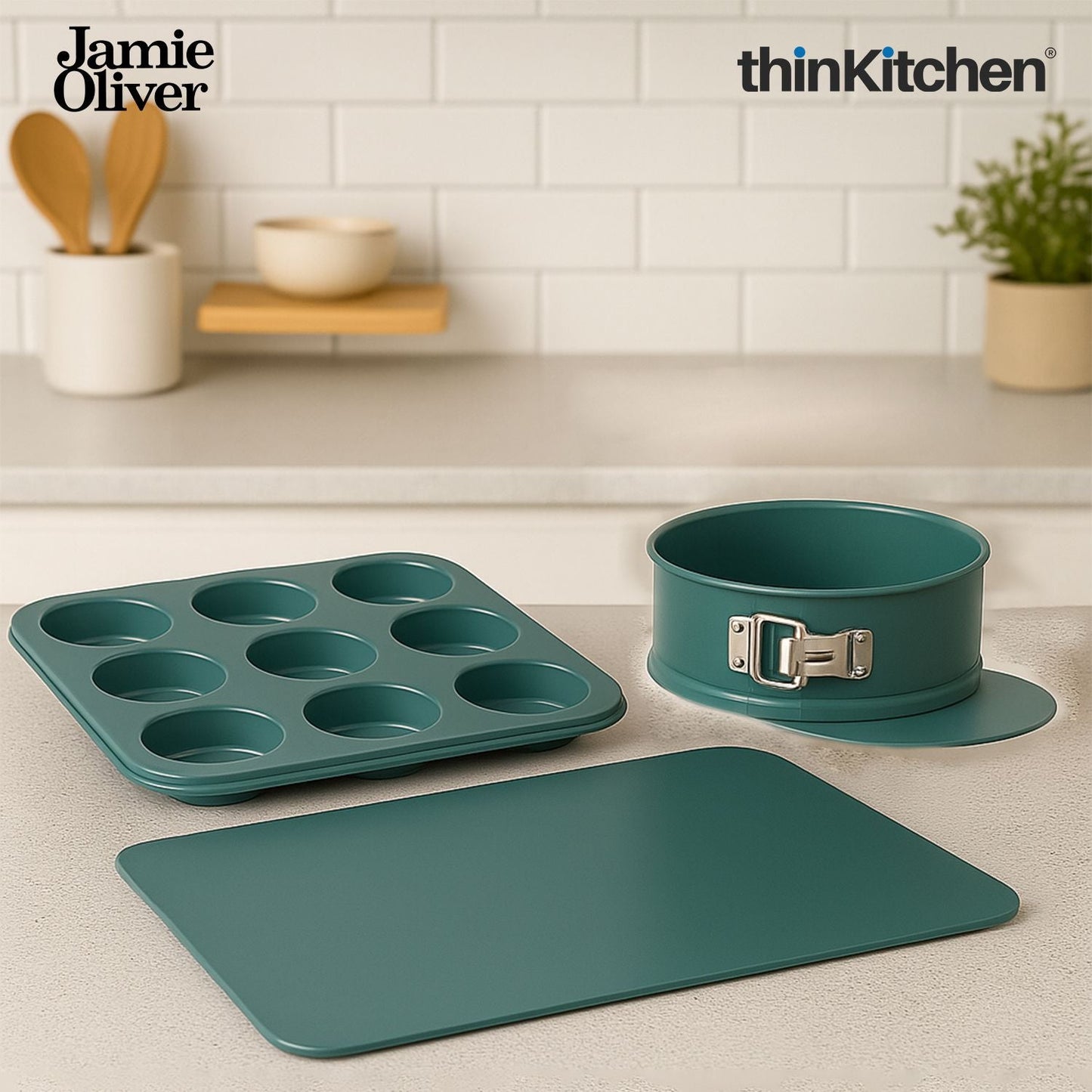 Jamie Oliver Non-Stick Bakeware combo set: Baking Sheet (Atlantic Green) x 12 Hole muffin Tin x Mini Springform Cake Tin (Set of 4)