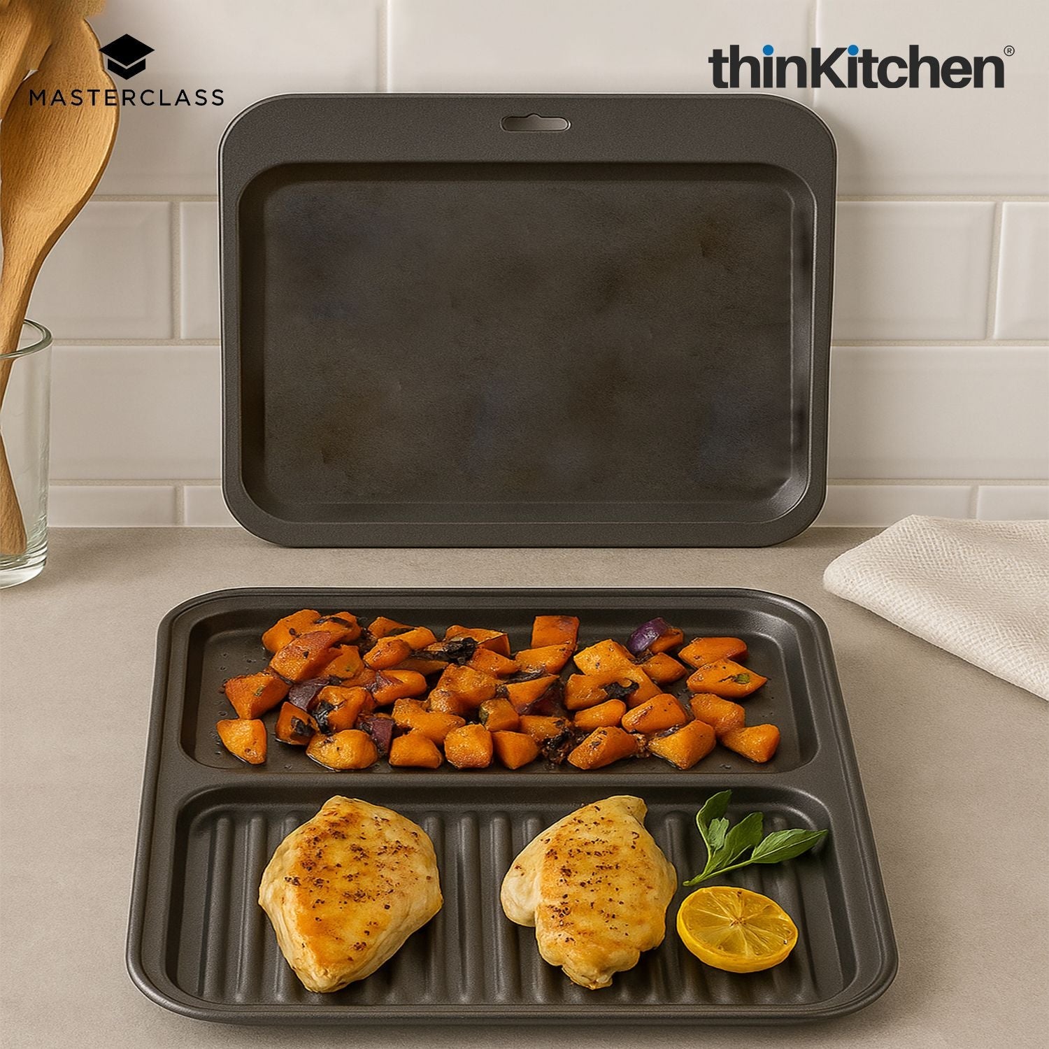 Masterclass Baker's Combo: Non-Stick 2-in-1 Divided Crisping Tray / Ridged Baking Tray x Double Layered Baking Sheet - 1