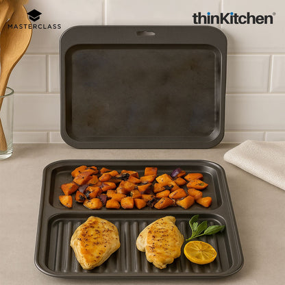 Masterclass Baker's Combo: Non-Stick 2-in-1 Divided Crisping Tray / Ridged Baking Tray x Double Layered Baking Sheet