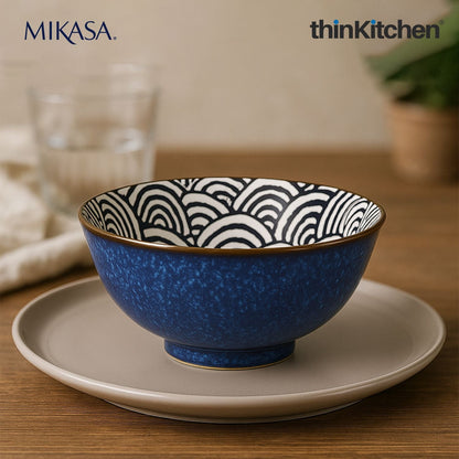 Mikasa Satori Indigo Elegance Set:  Porcelain Dinner Plate, 27cm x  Porcelain Rice Bowl, 16cm