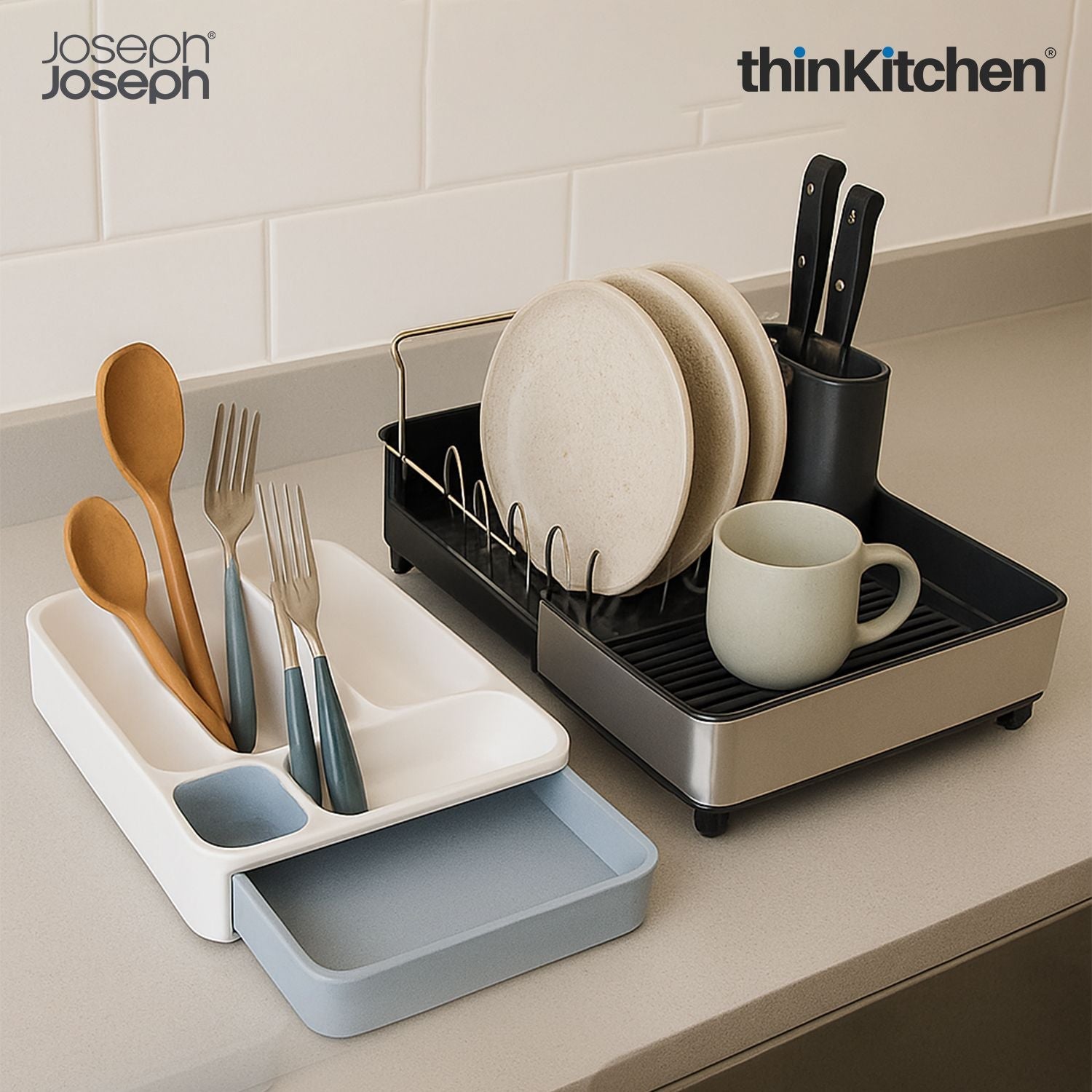 Joseph Joseph Extend Steel Dish Rack x Surface™ Large Sink Caddy  with Sponge Holder, Grey combo set - 1