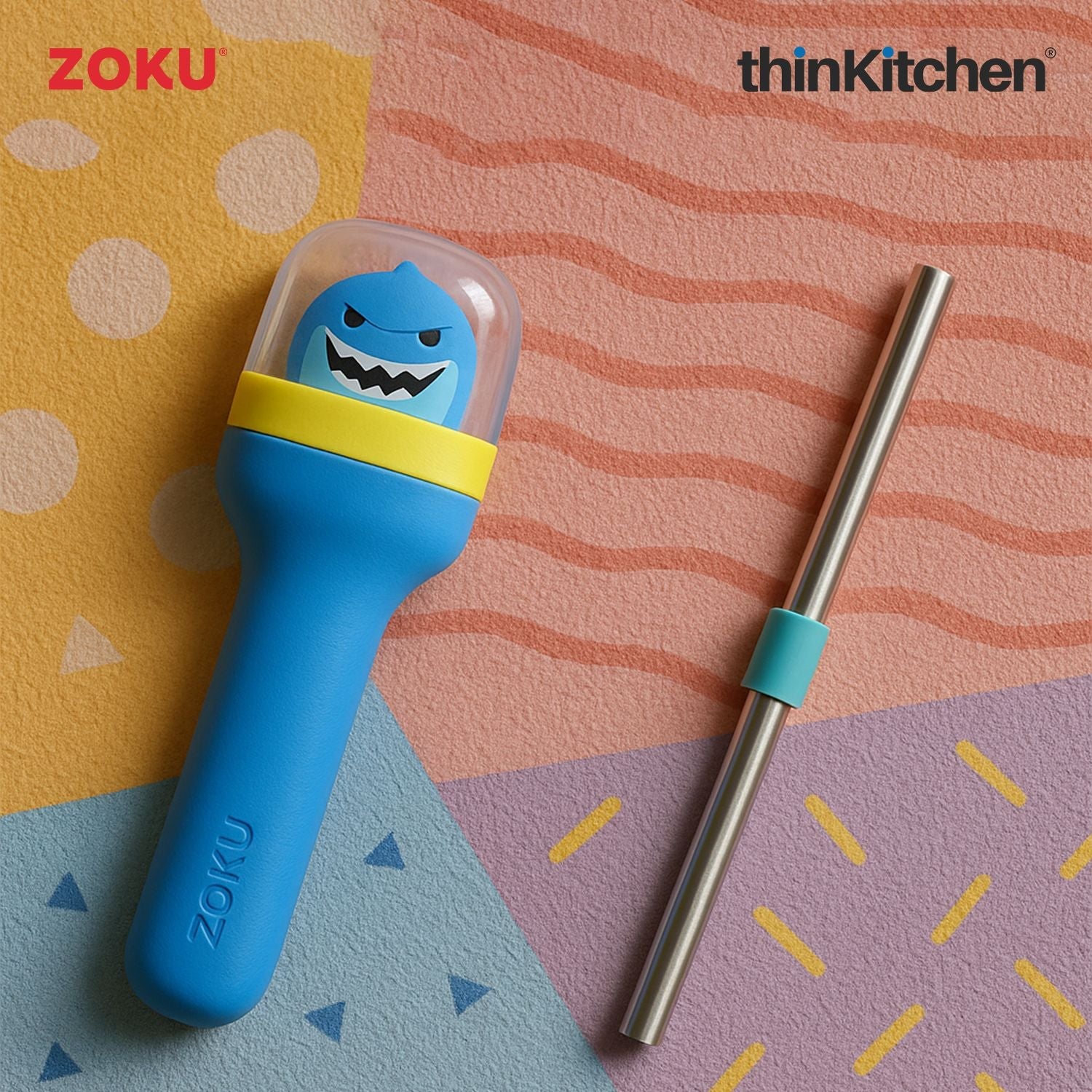Zoku combo set of Kids Pocket Utensil Set (Shark) x Jumbo Pocket Straw (Teal) - 1