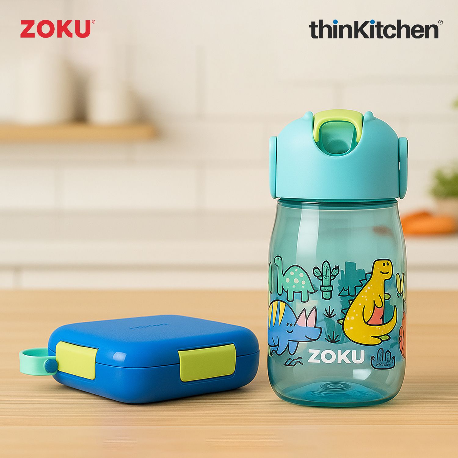 Zoku Combo sets of Dino Kids Flip Straw Bottle x  Neat Bento Box - 1