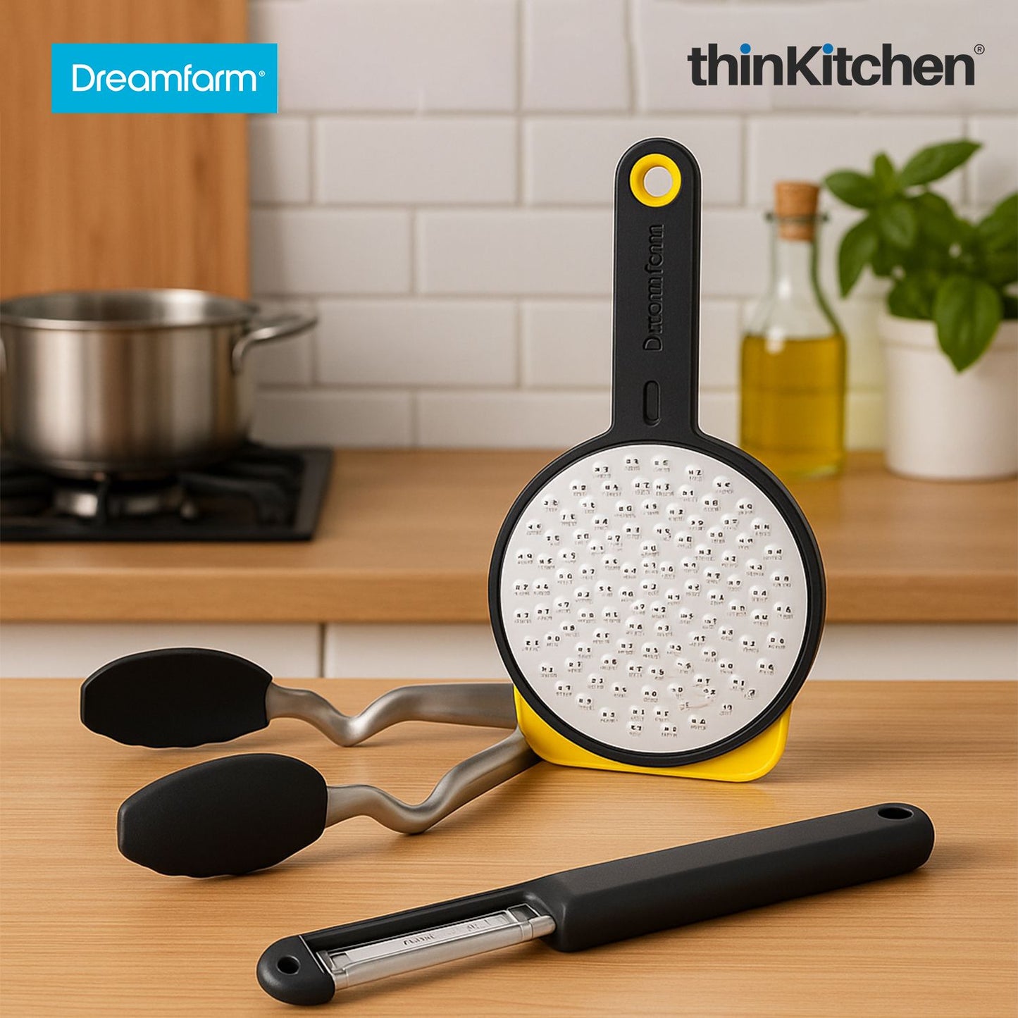 The Dreamfarm Power Prep Kit: Clongs Stainless-Steel Tongs with Silicone Heads x Ograte Two-sided Speed Grater x Sharple Self-Sharpening Vegetable Peeler