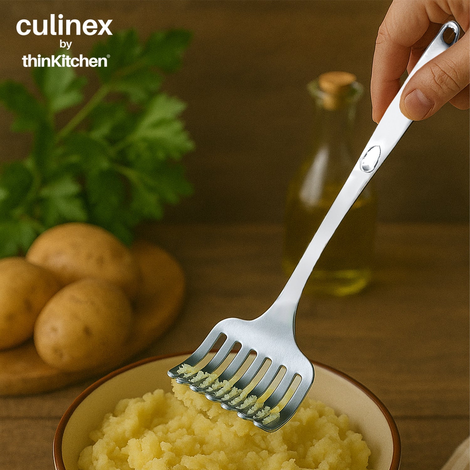 Culinex by thinKitchen | Harmony 18/8 Stainless Steel Hollow Handle Slotted Turner,  Hollow Handle Pasta Server, Hollow Handle Ladle, Hollow Handle Potato Masher & Hollow Handle Skimmer - 5