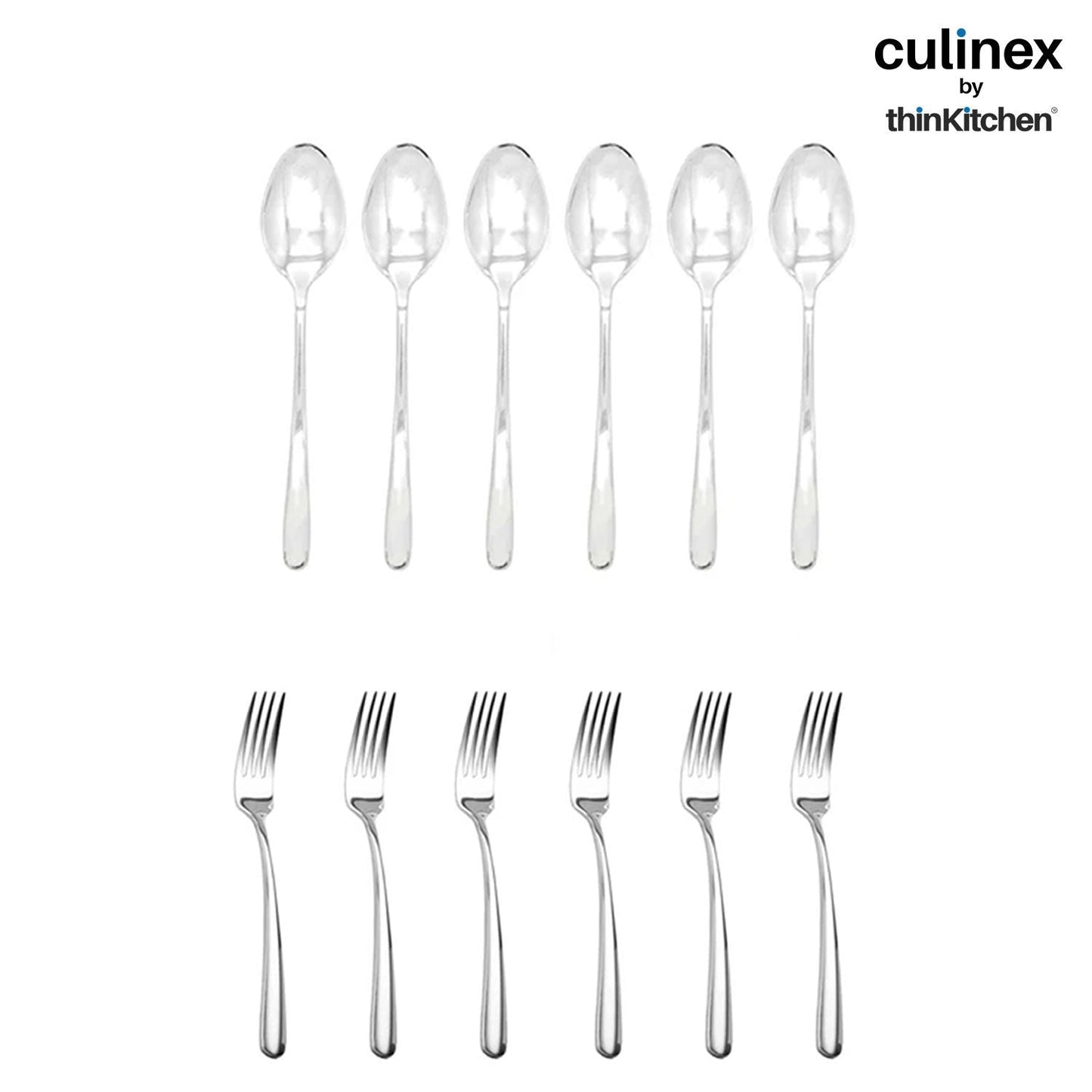 Culinex by thinKitchen|Dora 18/8 Stainless Steel All Purpose Fork & All Purpose Spoon, Mirror Finish, Set of 6 each