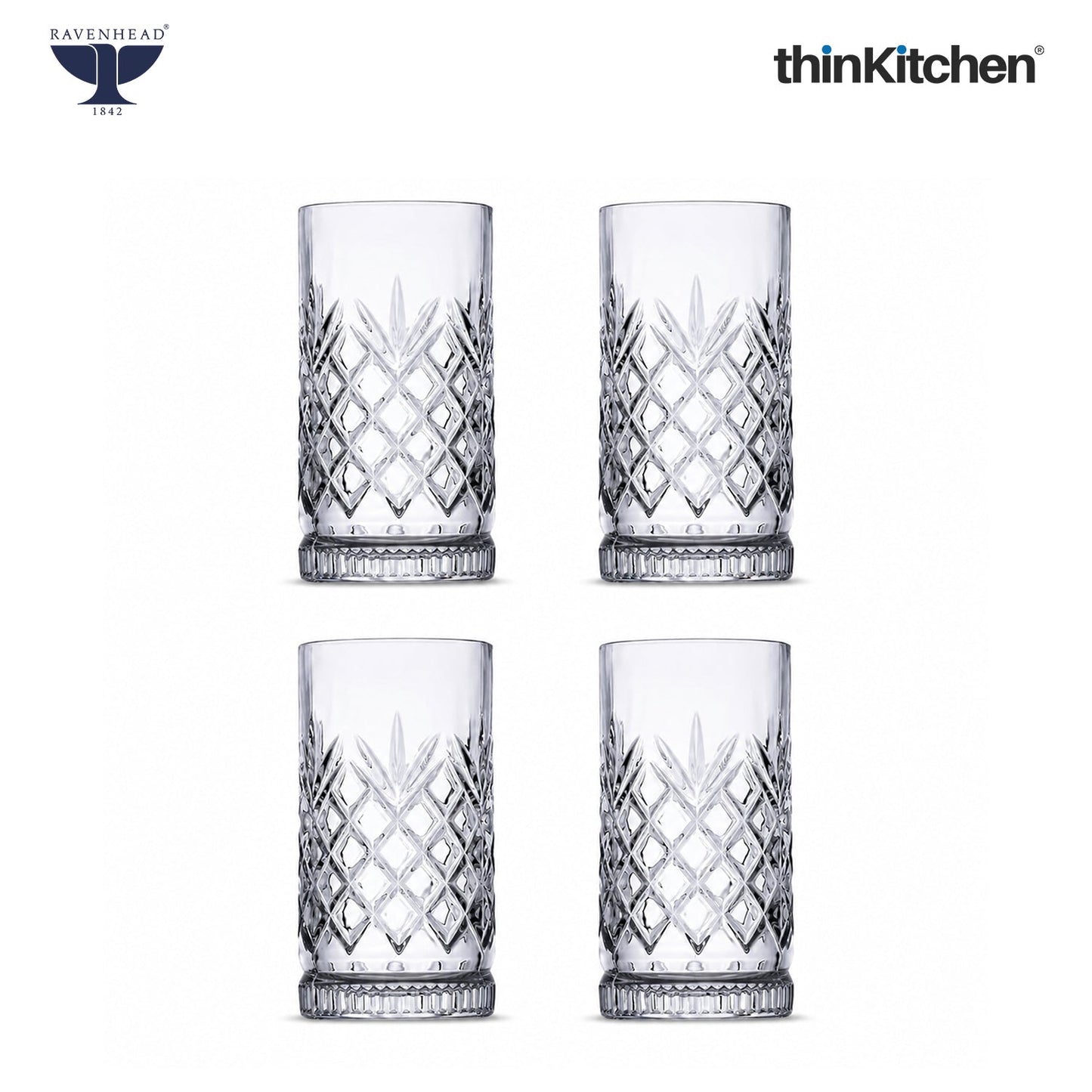 Ravenhead Premium International Eton Hiball Glasses, Set of 4, 450ML | Tall Highball Cocktail & Juice Glasses, 450ml | Elegant Glassware for Juice, Cocktails & Refreshing Drinks | Crafted in UK