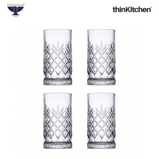 Ravenhead Premium International Eton Hiball Glasses, Set of 4, 450ML | Tall Highball Cocktail & Juice Glasses, 450ml | Elegant Glassware for Juice, Cocktails & Refreshing Drinks | Crafted in UK