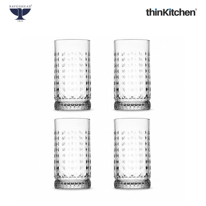 Ravenhead Premium International Oxbridge Hiball Glasses Set of 4 Tall Tumblers, 450ml | Elegant Highball Glass Set for Water, Juice, Cocktails & Drinks | Crafted in UK