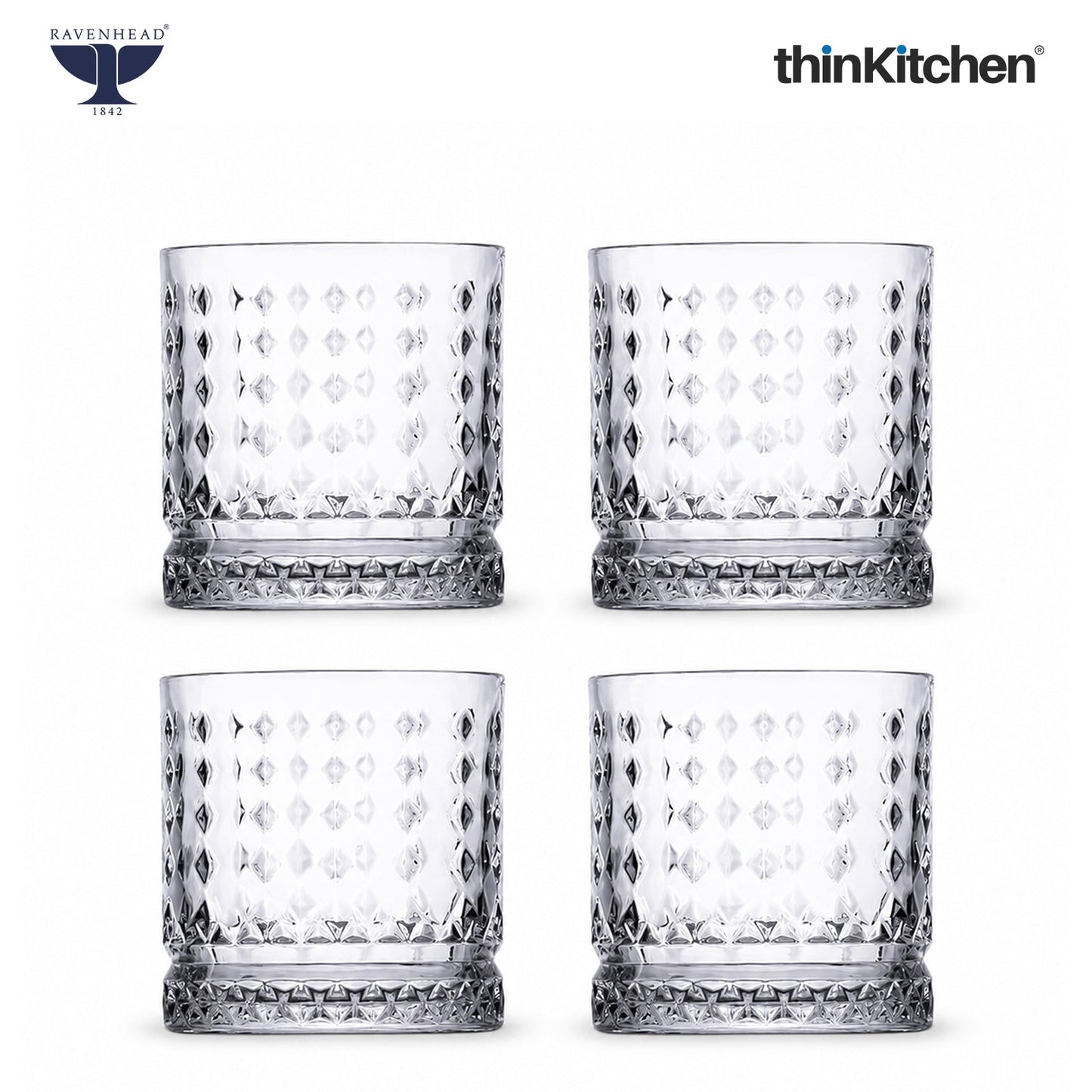 Ravenhead Oxbridge Premium International Whiskey & Water Glass Set – Set of 4 Mixer Glasses, 370ml – Luxury Barware for Whisky, Cocktails & Daily Use