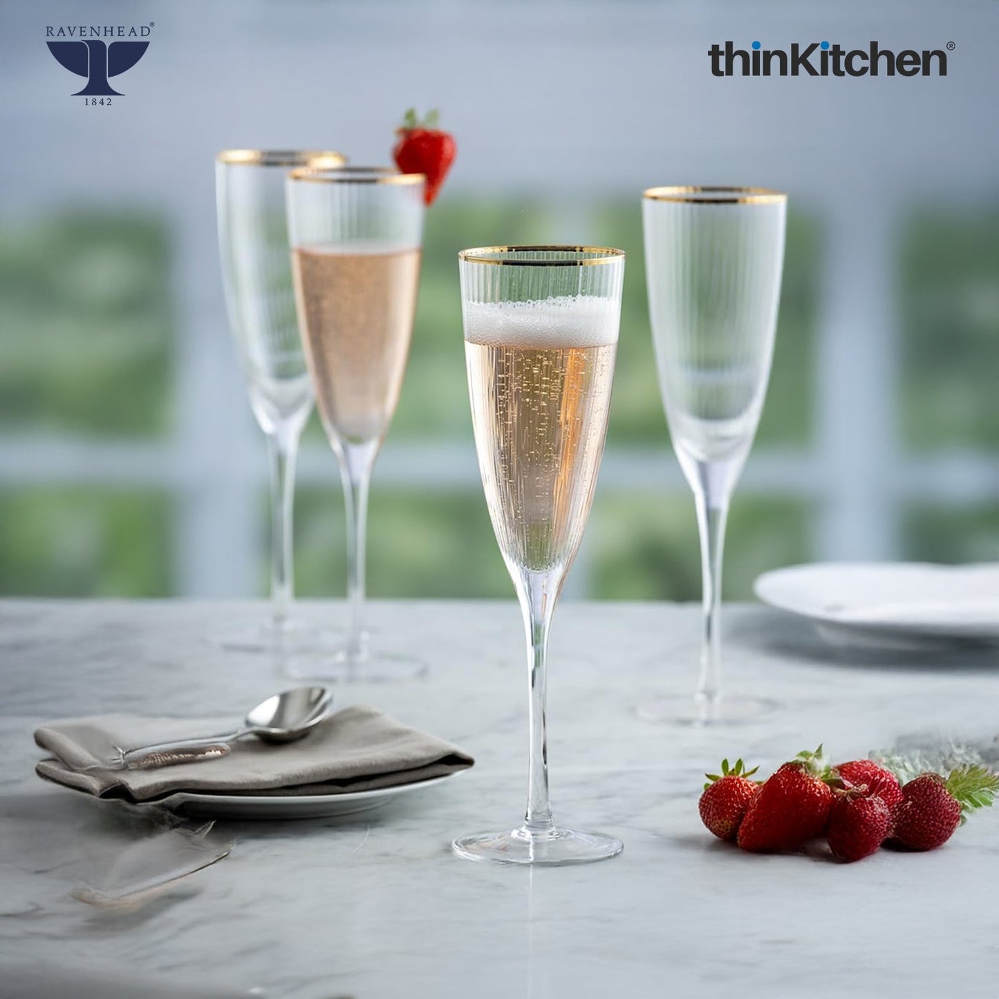 Ravenhead International Premium Roma Flute Glasses Set of 4, 330ml | Tall Tulip-Shaped Champagne Flutes for Cocktails, Mocktails, Juice & Wine | Fluted Glassware for Home Bar & Gifting,Crafted in UK