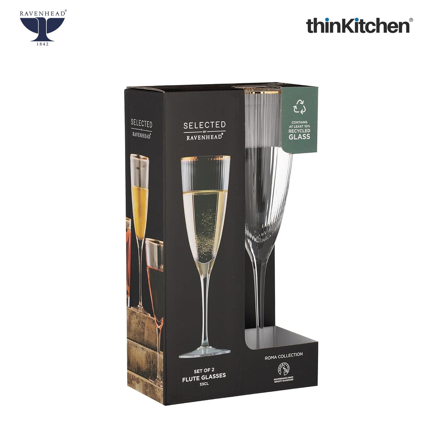 Ravenhead International Premium Roma Flute Glasses Set of 4, 330ml | Tall Tulip-Shaped Champagne Flutes for Cocktails, Mocktails, Juice & Wine | Fluted Glassware for Home Bar & Gifting,Crafted in UK