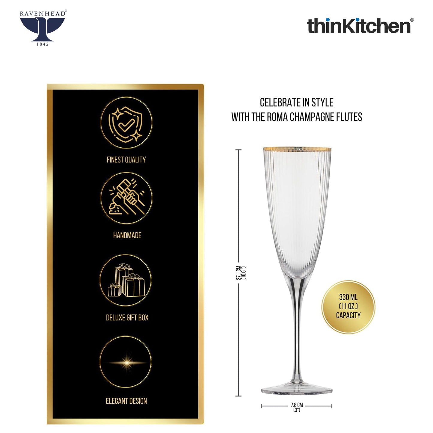 Ravenhead International Premium Roma Flute Glasses Set of 4, 330ml | Tall Tulip-Shaped Champagne Flutes for Cocktails, Mocktails, Juice & Wine | Fluted Glassware for Home Bar & Gifting,Crafted in UK