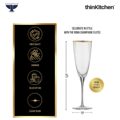 Ravenhead International Premium Roma Flute Glasses Set of 4, 330ml | Tall Tulip-Shaped Champagne Flutes for Cocktails, Mocktails, Juice & Wine | Fluted Glassware for Home Bar & Gifting,Crafted in UK