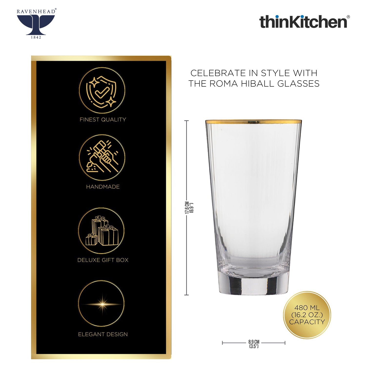 Ravenhead Premium International Hiball Glasses Set of 4, 480ml | Tall Tumblers, Elegant Lightweight Drinkware for Water, Juice, Cocktails & Beverages | Crafted in UK - 3