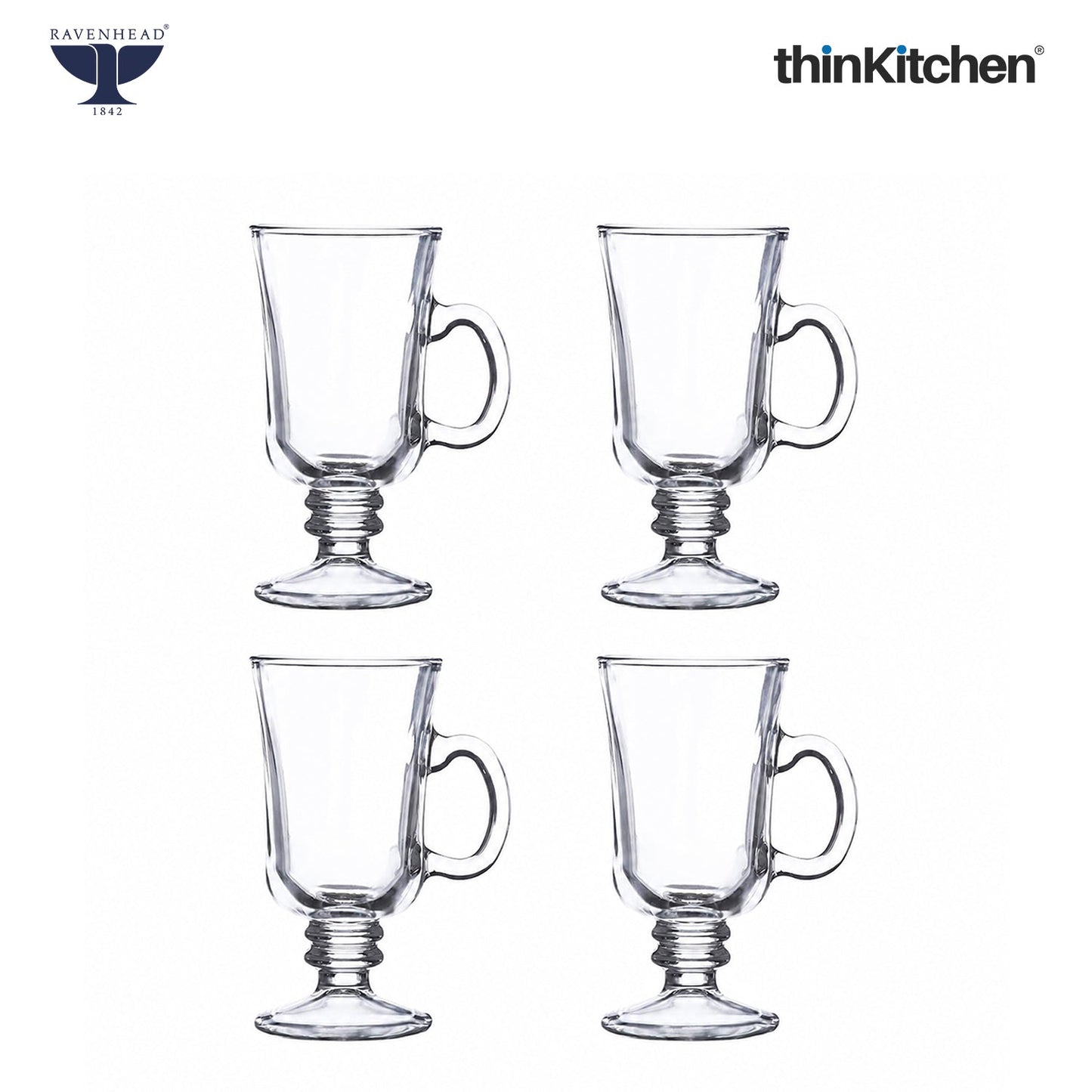 Ravenhead Premium Irish Stemmed Latte Cups Set of 4, 240ml | Clear Transparent Glass Mugs with Handle for Cold Coffee, Cappuccino, Milkshakes & Drinks | Crafted in UK