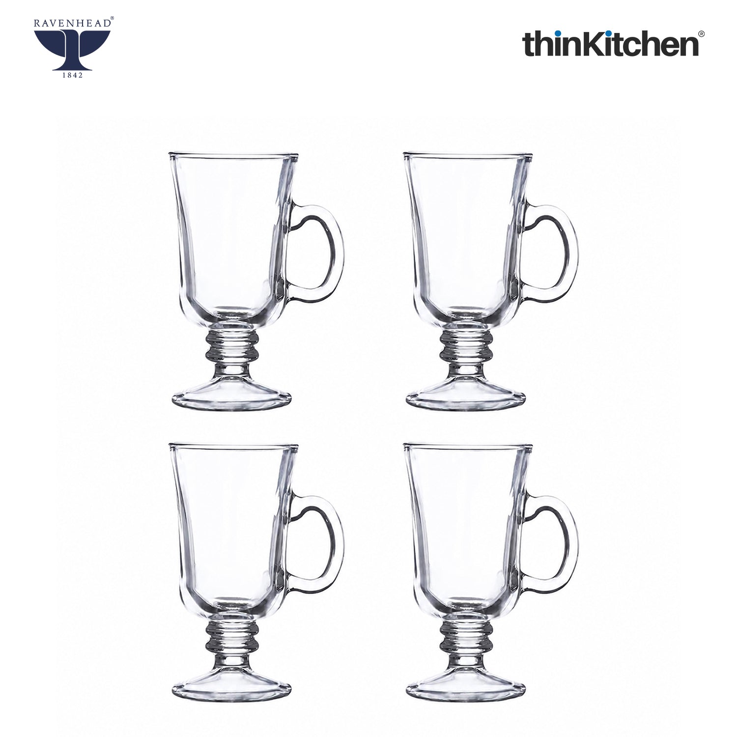 Ravenhead Premium Irish Stemmed Latte Cups Set of 4, 240ml | Clear Transparent Glass Mugs with Handle for Cold Coffee, Cappuccino, Milkshakes & Drinks | Crafted in UK - 1