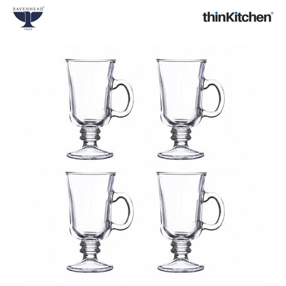 Ravenhead Premium Irish Stemmed Latte Cups Set of 4, 240ml | Clear Transparent Glass Mugs with Handle for Cold Coffee, Cappuccino, Milkshakes & Drinks | Crafted in UK