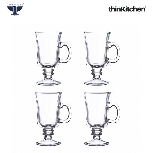 Ravenhead Premium Irish Stemmed Latte Cups Set of 4, 240ml | Clear Transparent Glass Mugs with Handle for Cold Coffee, Cappuccino, Milkshakes & Drinks | Crafted in UK