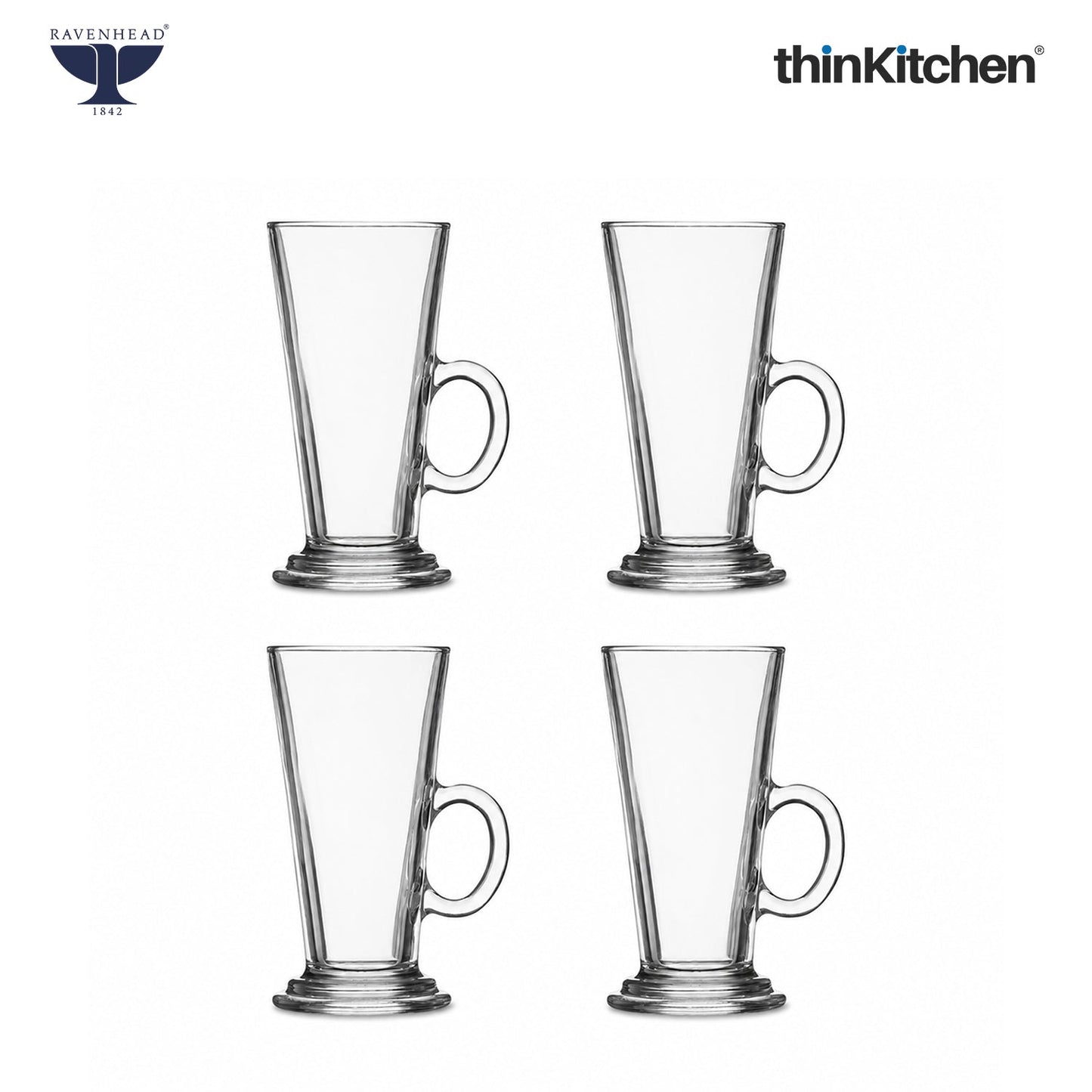Ravenhead Premium Latte Glasses, Set of 4, 240ml | Transparent Coffee Glasses with Handle for Milkshakes, Cold Coffee & Aesthetic Juice Mugs | Crafted in UK