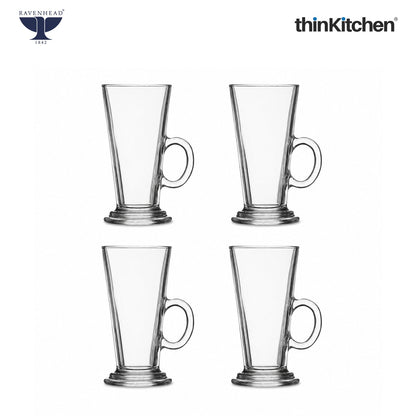 Ravenhead Premium Latte Glasses, Set of 4, 240ml | Transparent Coffee Glasses with Handle for Milkshakes, Cold Coffee & Aesthetic Juice Mugs | Crafted in UK