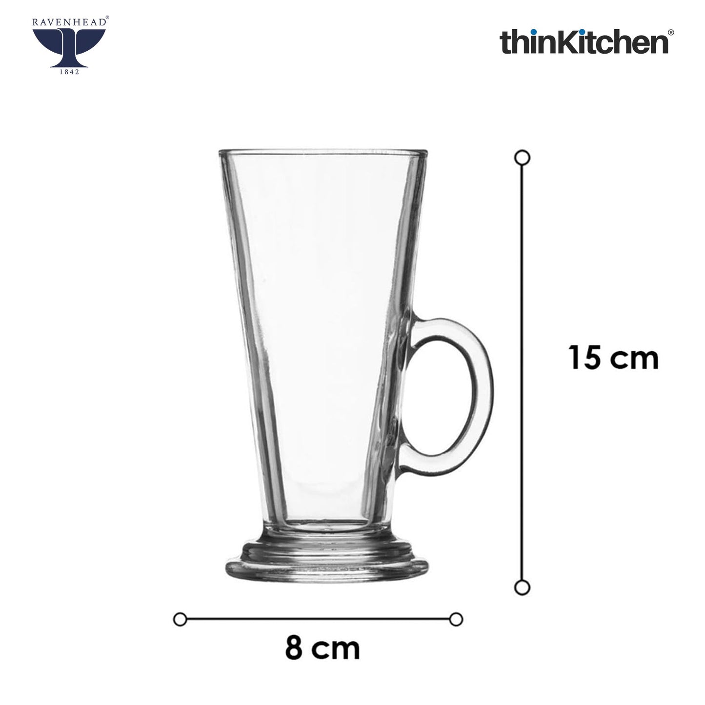 Ravenhead Premium Latte Glasses, Set of 4, 240ml | Transparent Coffee Glasses with Handle for Milkshakes, Cold Coffee & Aesthetic Juice Mugs | Crafted in UK