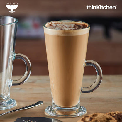 Ravenhead Premium Latte Glasses, Set of 4, 240ml | Transparent Coffee Glasses with Handle for Milkshakes, Cold Coffee & Aesthetic Juice Mugs | Crafted in UK