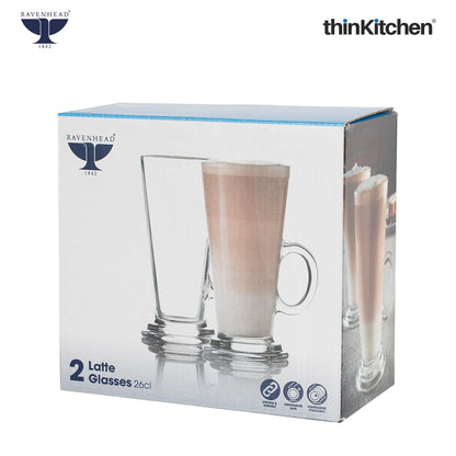 Ravenhead Premium Latte Glasses, Set of 4, 240ml | Transparent Coffee Glasses with Handle for Milkshakes, Cold Coffee & Aesthetic Juice Mugs | Crafted in UK