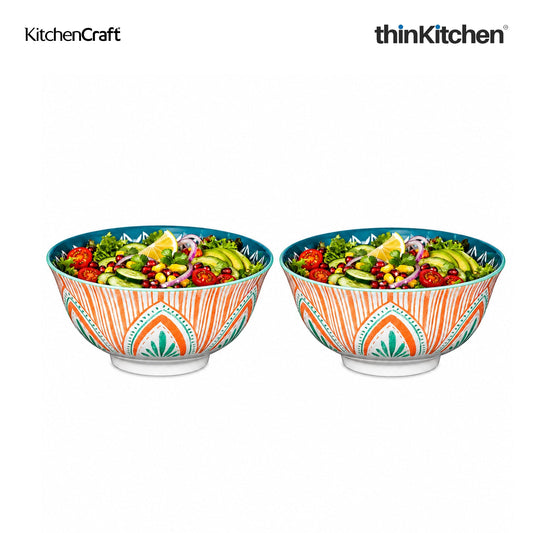KitchenCraft Premium Stoneware 16 cm Serving Bowl Set of 2 for Soups, Cereal, Noodles, Snacks - Colorful Folk Pattern | Wide Rim, Microwave & Dishwasher Safe | Designed in UK