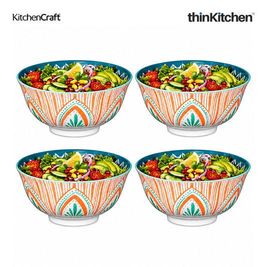 KitchenCraft Premium Stoneware 16 cm Set of 4 Serving Bowl for Soups, Cereal, Noodles, Snacks - Colorful Folk Pattern | Wide Rim, Microwave & Dishwasher Safe | Designed in UK
