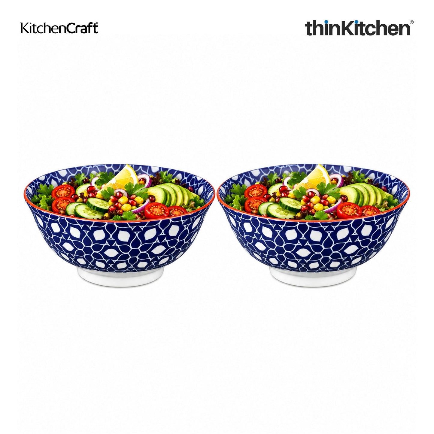 KitchenCraft Premium Stoneware 16 cm Serving Bowl Set of 2 for Soups, Cereal, Noodles, Snacks - Geometric Print | Wide Rim, Microwave & Dishwasher Safe | Designed in UK