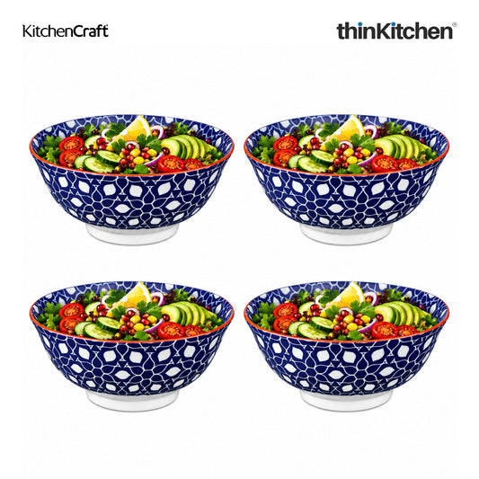 KitchenCraft Premium Stoneware 16 cm Serving Bowl Set of 4 for Soups, Cereal, Noodles, Snacks - Geometric Print | Wide Rim, Microwave & Dishwasher Safe | Designed in UK