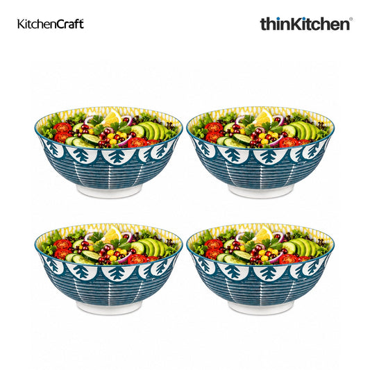 KitchenCraft Premium Stoneware 16 cm Serving Bowl Set of 4 for Soups, Cereal, Noodles, Snacks - Leafy Green Print | Wide Rim, Microwave & Dishwasher Safe | Designed in UK
