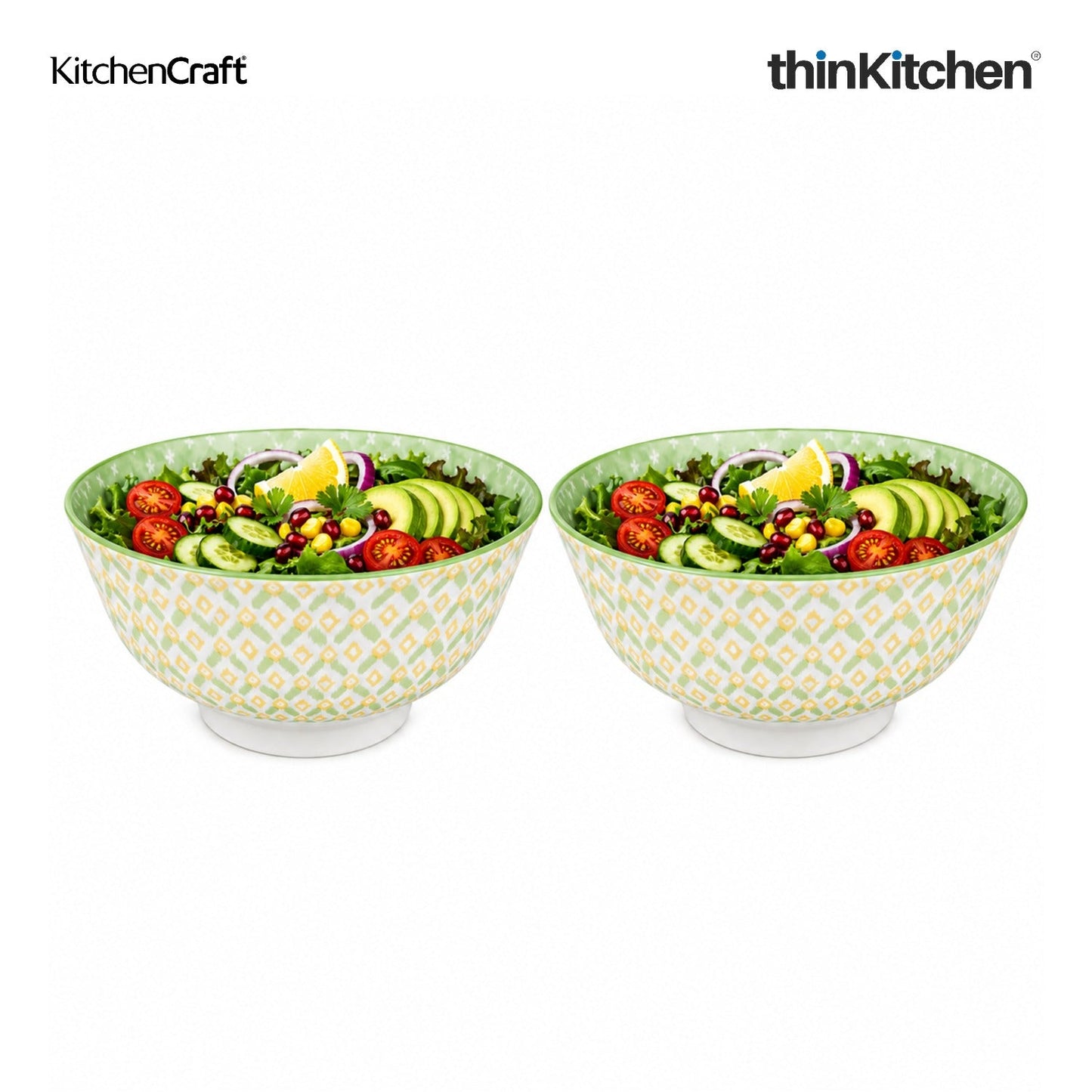 KitchenCraft Premium Stoneware 16 cm Serving Bowl Set of 2 for Soups, Cereal, Noodles, Snacks - Green Geometric | Wide Rim, Microwave & Dishwasher Safe | Designed in UK