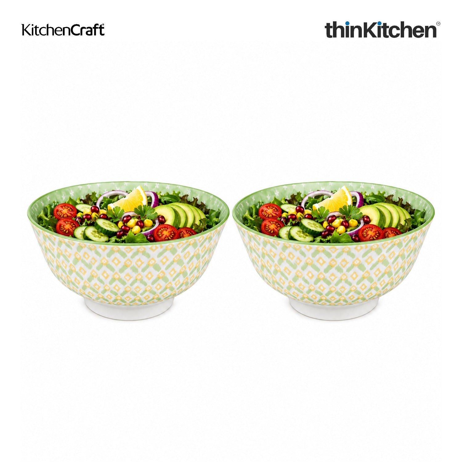 KitchenCraft Premium Stoneware 16 cm Serving Bowl Set of 2 for Soups, Cereal, Noodles, Snacks - Green Geometric | Wide Rim, Microwave & Dishwasher Safe | Designed in UK - 1