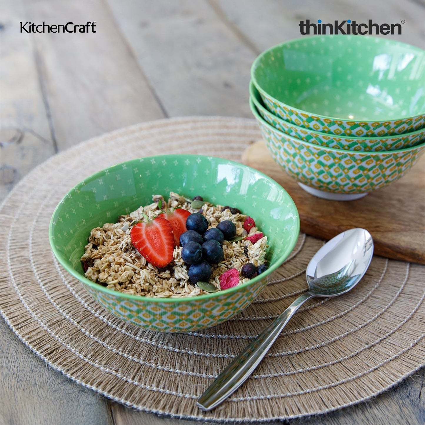 KitchenCraft Premium Stoneware 16 cm Serving Bowl Set of 2 for Soups, Cereal, Noodles, Snacks - Green Geometric | Wide Rim, Microwave & Dishwasher Safe | Designed in UK