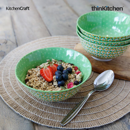KitchenCraft Premium Stoneware 16 cm Serving Bowl Set of 2 for Soups, Cereal, Noodles, Snacks - Green Geometric | Wide Rim, Microwave & Dishwasher Safe | Designed in UK