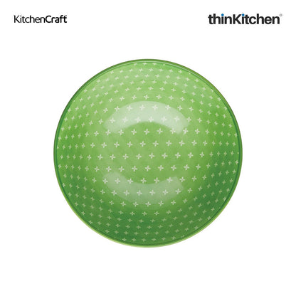 KitchenCraft Premium Stoneware 16 cm Serving Bowl Set of 2 for Soups, Cereal, Noodles, Snacks - Green Geometric | Wide Rim, Microwave & Dishwasher Safe | Designed in UK