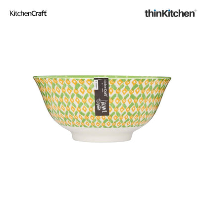 KitchenCraft Premium Stoneware 16 cm Serving Bowl Set of 2 for Soups, Cereal, Noodles, Snacks - Green Geometric | Wide Rim, Microwave & Dishwasher Safe | Designed in UK