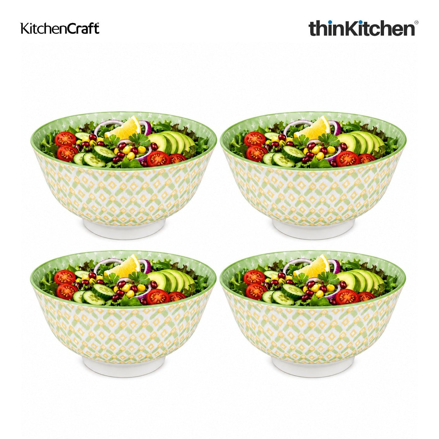KitchenCraft Premium Stoneware 16 cm Serving Bowl Set of 4 for Soups, Cereal, Noodles, Snacks - Green Geometric | Wide Rim, Microwave & Dishwasher Safe | Designed in UK