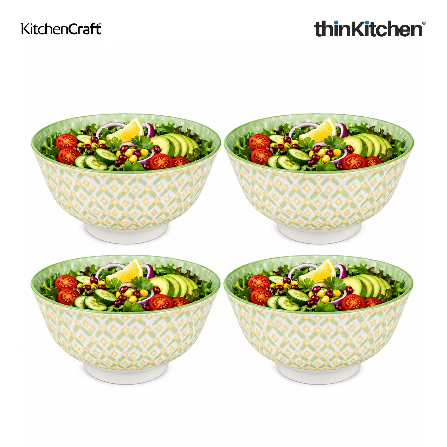 KitchenCraft Premium Stoneware 16 cm Serving Bowl Set of 4 for Soups, Cereal, Noodles, Snacks - Green Geometric | Wide Rim, Microwave & Dishwasher Safe | Designed in UK - 1