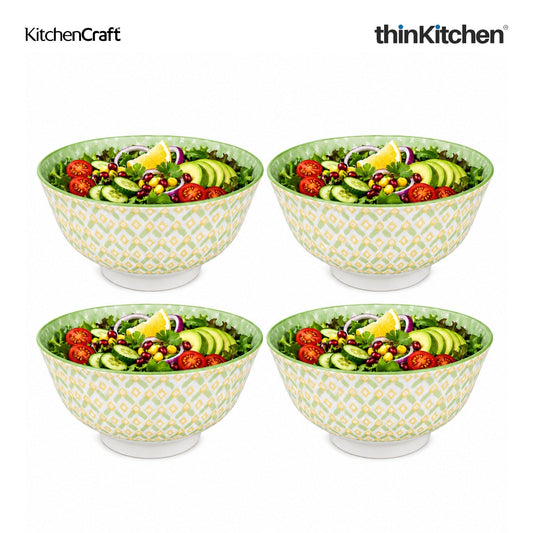 KitchenCraft Premium Stoneware 16 cm Serving Bowl Set of 4 for Soups, Cereal, Noodles, Snacks - Green Geometric | Wide Rim, Microwave & Dishwasher Safe | Designed in UK