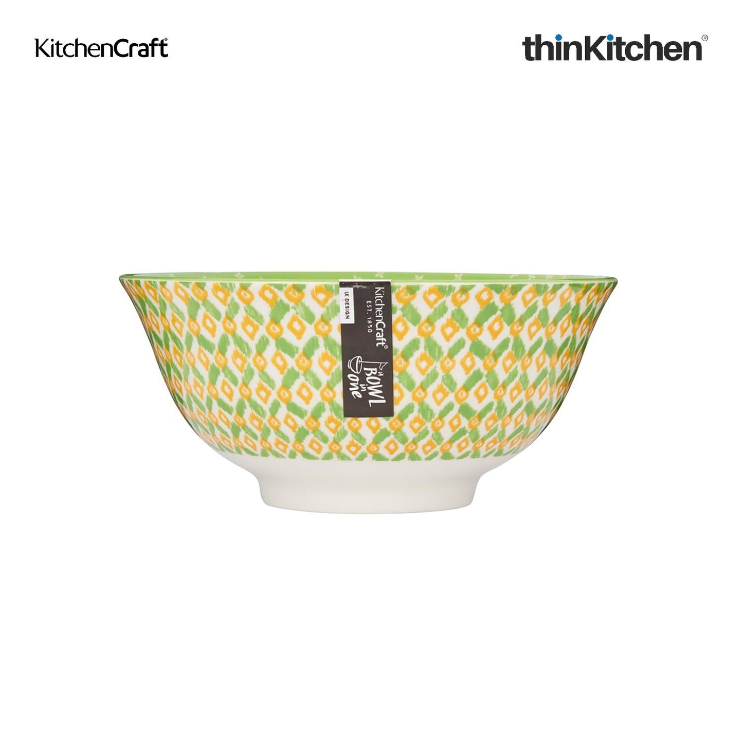 KitchenCraft Premium Stoneware 16 cm Serving Bowl Set of 4 for Soups, Cereal, Noodles, Snacks - Green Geometric | Wide Rim, Microwave & Dishwasher Safe | Designed in UK